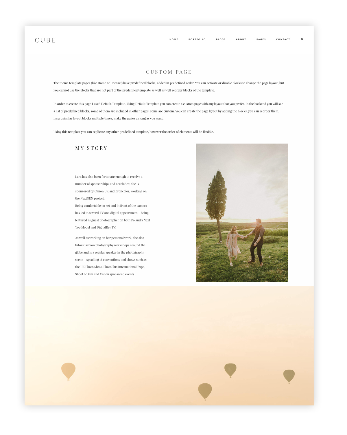cube-wordpress website theme for photographers and videographers, custom page