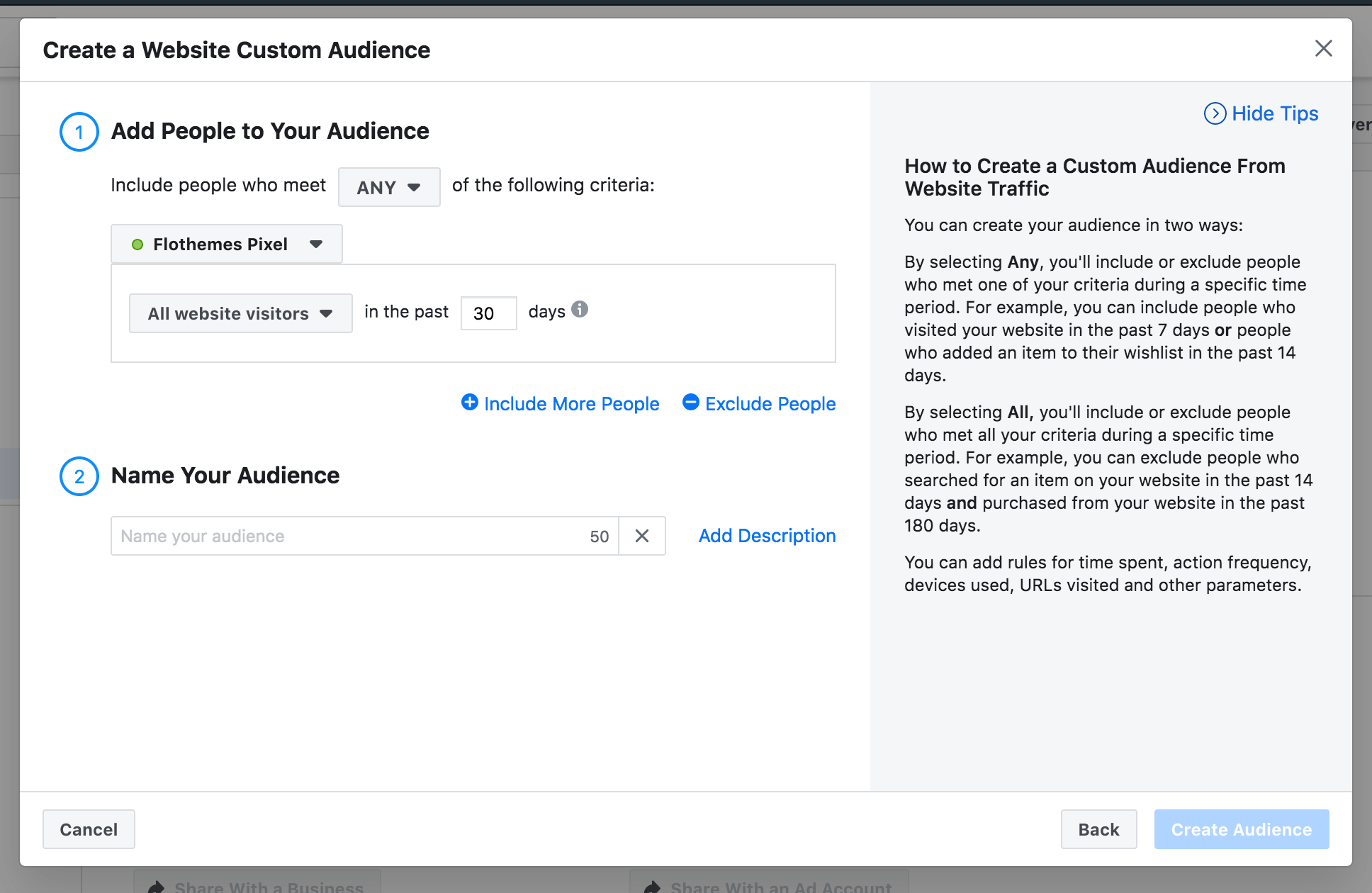 create new audience popup fb