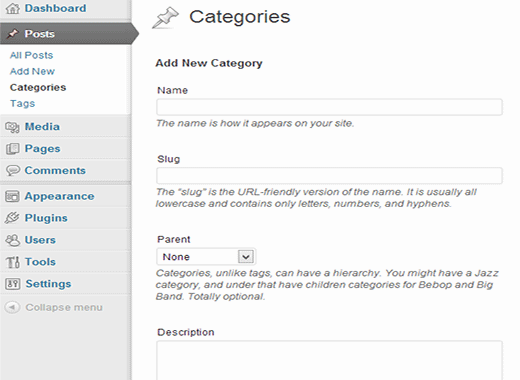 Adding new category from Categories page in WordPress