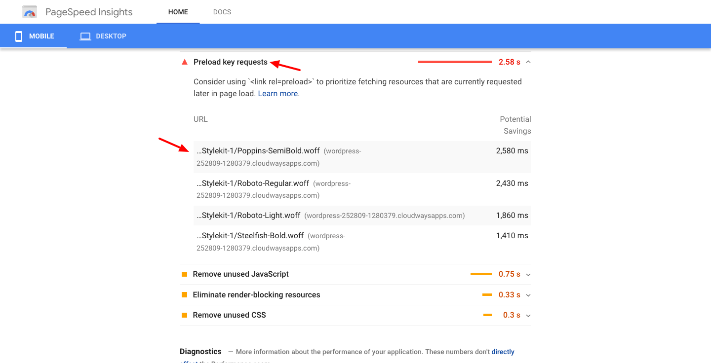 PageSpeed Insights preload key requests